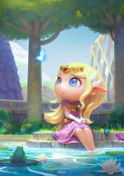 Rule 34 | animal, bird, blonde hair, blue eyes, blue sky, building, cassio yoshiyaki, chibi, closed mouth, cloud, commentary, day, dress, elbow gloves, english commentary, fairy, flower, frog, gloves, hair ornament, highres, jewelry, lily pad, long hair, looking at another, necklace, nintendo, outdoors, pink dress, pointy ears, princess zelda, signature, sitting, sky, smile, soaking feet, the legend of zelda, the legend of zelda: the wind waker, toon zelda, tree, water, white flower, white gloves