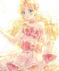 Rule 34 | 1girl, armband, athanasia de alger obelia, blonde hair, blue eyes, blush, bow, bowtie, bracelet, detached collar, dress, earrings, eoneu nal gongjuga doeeobeoryeotda, flower, hair flower, hair ornament, head chain, highres, jewelry, layered dress, long hair, open mouth, parted bangs, pink bow, pink bowtie, pink dress, pink flower, pink rose, princess, rose, single bare shoulder, skirt hold, solo, sparkle, ttori, wavy hair