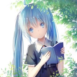 Rule 34 | 1girl, ahoge, blue eyes, blue hair, book, hatsune miku, leaf, long hair, looking at viewer, matching hair/eyes, mimengfeixue, solo, twintails, vocaloid, white background