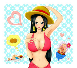 Rule 34 | 1boy, 2girls, amazon lily, black hair, boa hancock, breasts, cleavage, dreaming, earrings, fat, fat man, gloriosa (one piece), grey hair, hat, heart, highres, jewelry, long hair, monkey d. luffy, multiple girls, navel, nyon (one piece), old, one piece, sash, scar, sleeping, straw hat, thought bubble, vest