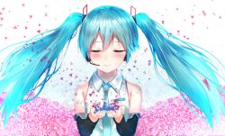 Rule 34 | 1girl, anniversary, aqua hair, aqua necktie, blush, closed eyes, commentary, detached sleeves, facing viewer, floral background, flower, hair ornament, hatsune miku, headset, long hair, necktie, neku (neku draw), shirt, smile, solo, triangle, twintails, upper body, vocaloid, wing collar