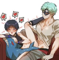 Rule 34 | 1220 (fowlr), 2boys, blue hair, blush, dottore (genshin impact), drooling, genshin impact, gloves, heart, heart-shaped pupils, highres, light blue hair, mask, multiple boys, open mouth, pectoral cleavage, pectorals, purple eyes, purple hair, red eyes, scaramouche (genshin impact), shark, shirt, short hair, symbol-shaped pupils, white gloves, white shirt, yaoi
