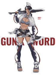 Rule 34 | 1girl, belt, black belt, black hair, breasts, brown eyes, capelet, chaps, character name, chinese commentary, cleavage, copyright name, dann of thursday, dark-skinned female, dark skin, fingerless gloves, frown, gloves, gunxsword, highres, holding, holding sword, holding weapon, jinri shijie, large breasts, looking to the side, midriff, navel, over shoulder, personification, shorts, solo, sword, thighhighs, toes, weapon, weapon over shoulder, white shorts
