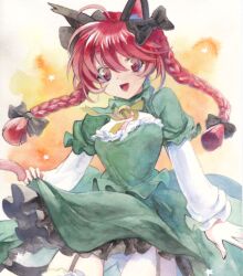 Rule 34 | 1girl, :d, ahoge, animal ears, black bow, bow, braid, cat ears, cat girl, commentary request, cowboy shot, dress, garter straps, green dress, hair bow, kaenbyou rin, long hair, looking at viewer, lowres, open mouth, painting (medium), red eyes, red hair, rumixbunbun1, side braids, smile, solo, touhou, traditional media, twin braids, watercolor (medium)