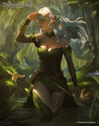 Rule 34 | 1girl, bad id, bad tumblr id, bare shoulders, bird, blue eyes, boots, breasts, cat, cleavage, closed mouth, copyright name, detached collar, dog, dragoborne, dress, fantasy, female focus, flower, forest, green thighhighs, hair flower, hair ornament, hand to forehead, lips, long hair, looking to the side, medium breasts, nature, official art, outdoors, pointy ears, raikoart, shorts under dress, silver hair, solo, strapless, thigh boots, thighhighs, wading, walking, water, watermark