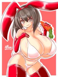 Rule 34 | 10s, 1girl, animal ears, ayazumi flutter, bikini, blush, breasts, brown eyes, brown hair, carrot, cleavage, curvy, elbow gloves, fake animal ears, female focus, food, gloves, hair ornament, huge breasts, kantai collection, long hair, looking at viewer, rabbit ears, rabbit tail, red gloves, red thighhighs, simple background, solo, standing, swimsuit, taihou (kancolle), tail, thighhighs, white bikini