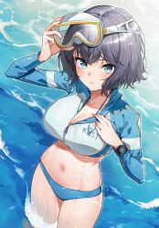 Rule 34 | 1girl, aqua eyes, bikini, blue archive, blue bikini, blush, breasts, cropped jacket, eyewear on head, from above, goggles, goggles on head, highres, jacket, kabu (niniko2ko), large breasts, long sleeves, looking at viewer, multicolored clothes, multicolored jacket, navel, ocean, official alternate costume, open mouth, outdoors, purple hair, raglan sleeves, rash guard, saki (blue archive), saki (swimsuit) (blue archive), short hair, solo, standing, standing on liquid, stomach, swimsuit, two-tone jacket, watch, water, wet, wristwatch