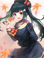 Rule 34 | 1girl, absurdres, alternate costume, amano nene (vtuber), arm behind back, autumn leaves, black hair, blush, feet out of frame, hair ornament, hat, highres, jewelry, leaf, meyamu, necklace, open mouth, ribbon, skirt, smile, twintails, virtual youtuber