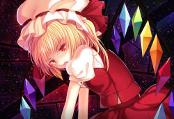Rule 34 | 1girl, bad id, bad pixiv id, blonde hair, fangs, flandre scarlet, hat, open mouth, philomelalilium, red eyes, short hair, side ponytail, solo, touhou, wings