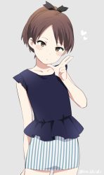 Rule 34 | 1girl, alternate costume, blue shirt, blush stickers, brown hair, casual, collarbone, cowboy shot, eyebrows, frilled shirt, frills, grey background, hair ornament, hand up, head tilt, heart, ica, jpeg artifacts, kantai collection, looking at viewer, ponytail, shikinami (kancolle), shirt, simple background, skirt, sleeveless, sleeveless shirt, solo, striped clothes, striped skirt, twitter username, v, vertical-striped clothes, vertical-striped skirt, yellow eyes