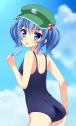 Rule 34 | 1girl, ass, back, bare shoulders, blue eyes, blue hair, blue sky, blush, cloud, cloudy sky, day, eyebrows, food, from behind, hair bobbles, hair ornament, hat, houkiboshi, ice cream, kawashiro nitori, looking back, matching hair/eyes, one-piece swimsuit, popsicle, school swimsuit, short hair, short twintails, sky, solo, swimsuit, tongue, tongue out, touhou, twintails, two side up
