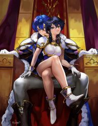 Rule 34 | 1boy, 1girl, armor, assertive female, black hair, blue hair, blush, breastplate, cape, commission, commissioner upload, fire emblem, fire emblem: genealogy of the holy war, girl on top, headband, highres, larcei (fire emblem), looking at viewer, nervous, nervous smile, nextoad, nintendo, pauldrons, public indecency, purple eyes, seliph (fire emblem), short hair, shoulder armor, sitting, sitting on lap, sitting on person, smile, smug, stealth sex, sweat, throne, tomboy, white armor, white headband