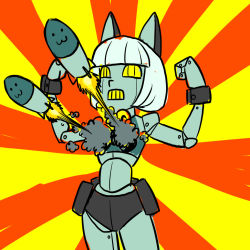 Rule 34 | 1girl, :3, artist request, breast missiles, midriff, missile, robo-fortune, robot, skullgirls, solo, yellow eyes