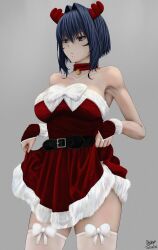 Rule 34 | 1girl, absurdres, alternate costume, bell, belt, black hair, bow, breasts, choker, christmas, clothes lift, dress, dress lift, fake antlers, fur-trimmed dress, fur-trimmed gloves, fur trim, gloves, hair intakes, highres, hololive, hololive english, large breasts, lifted by self, looking at viewer, neck bell, ouro kronii, red choker, red dress, red gloves, santa dress, santa gloves, short hair, solo, steb, thighhighs, virtual youtuber, white thighhighs