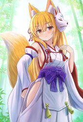 Rule 34 | 1girl, absurdres, animal ear fluff, animal ears, bamboo, bamboo forest, bare shoulders, blonde hair, blush, bow, breasts, brown eyes, closed mouth, day, detached sleeves, forest, fox ears, fox girl, fox tail, hair between eyes, hand up, highres, iroha (iroha matsurika), japanese clothes, kimono, long hair, long sleeves, looking away, looking to the side, mask, mask on head, nature, nontraditional miko, obi, original, outdoors, purple bow, sash, sideboob, sleeveless, sleeveless kimono, small breasts, solo, tail, very long hair, white kimono, white sleeves, wide sleeves