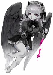 Rule 34 | 1girl, barefoot, between legs, blood, bloody knife, bow, bowtie, breasts, buttons, cleavage, cleavage cutout, clothing cutout, detached sleeves, dress, dripping, fake horns, feathered wings, frilled dress, frilled hairband, frills, full body, greyscale, hair bow, hairband, hand between legs, highres, holding, holding knife, horns, knife, leg up, lolita hairband, long hair, long sleeves, looking at viewer, medium breasts, mole, mole on breast, monochrome, nail polish, original, parted lips, puffy short sleeves, puffy sleeves, purple blood, purple eyes, shiona (siona0625), short dress, short sleeves, simple background, solo, spot color, toenail polish, toenails, white background, wings