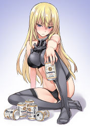Rule 34 | 10s, 1girl, alcohol, armor, beer, beer can, bismarck (kancolle), black panties, blonde hair, blue eyes, blush, brand name imitation, breastplate, breasts, can, drink can, drunk, grey thighhighs, holding, kantai collection, large breasts, long hair, looking at viewer, matsuryuu, panties, ranguage, simple background, sitting, sleeveless, solo, thighhighs, underwear