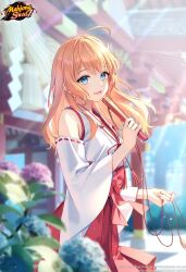 Rule 34 | 1girl, absurdres, ahoge, aihara mai, blonde hair, blue eyes, blue flower, blurry, blurry foreground, bshi edayo, commentary, depth of field, english commentary, flower, hand fan, highres, holding, holding fan, hydrangea, japanese clothes, light rays, logo, looking at viewer, mahjong soul, miko, official art, official wallpaper, open mouth, outdoors, purple flower, solo, standing