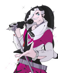 Rule 34 | 1boy, belt, black hair, bracelet, choker, creatures (company), game freak, green eyes, grin, gym leader, hair over one eye, highres, jacket, jewelry, long hair, looking at viewer, male focus, microphone, microphone stand, multicolored hair, mygiorni, nintendo, piers (pokemon), pokemon, pokemon swsh, ponytail, simple background, smile, solo, two-tone hair, white background