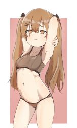 Rule 34 | 1girl, absurdres, armpits, arms behind head, arms up, bad id, bad pixiv id, black bra, black panties, black ribbon, bra, breasts, bright pupils, brown eyes, brown hair, cameltoe, closed mouth, commentary, cowboy shot, girls&#039; frontline, hair ornament, hair ribbon, hairclip, half-closed eyes, highres, long hair, looking at viewer, navel, outside border, panties, pink background, ribbon, ribs, s10021, small breasts, smirk, solo, standing, ump9 (girls&#039; frontline), underwear, underwear only, white pupils