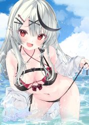 Rule 34 | 1girl, absurdres, black hair, blush, braid, breasts, chest strap, cleavage, fang, grey hair, hair ornament, highres, hololive, large breasts, long hair, looking at viewer, moizumi shipon, multicolored hair, navel, ocean, open mouth, red eyes, ribbon, sakamata chloe, see-through, see-through shirt, skin fang, smile, solo, streaked hair, swimsuit, virtual youtuber, wading, x hair ornament