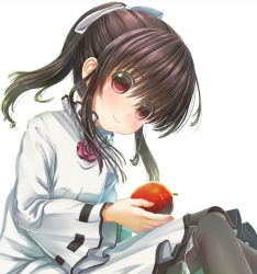 Rule 34 | 1girl, aiuabo, apple, black pantyhose, blush, closed mouth, collar, collared dress, dress, flower, food, frilled collar, frills, fruit, hair over eyes, highres, holding, holding food, holding fruit, long sleeves, looking at viewer, original, pantyhose, purple flower, purple rose, rose, simple background, sitting, smile, solo, white background, white dress, wide sleeves