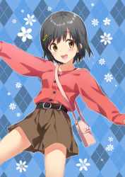 Rule 34 | 1girl, argyle, argyle background, argyle clothes, bag, belt, black belt, black hair, blue background, blush, breasts, brown eyes, brown skirt, buttons, character name, character request, chunithm, flower, hair ornament, hairclip, highres, hisasi, irodorimidori, long sleeves, open mouth, red shirt, shirt, shoulder bag, simple background, skirt, small breasts, solo