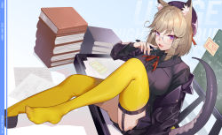 Rule 34 | 1girl, :3, :d, animal ear fluff, animal ears, arknights, beret, bespectacled, black footwear, black jacket, black shirt, black skirt, book, book stack, breasts, chinese commentary, commentary request, foot out of frame, garter straps, glasses, grey hair, hand up, hat, highres, hongbaise raw, jacket, large breasts, looking at viewer, miniskirt, neck ribbon, off shoulder, official alternate costume, open mouth, pantyhose, pleated skirt, purple eyes, purple hat, red ribbon, ribbon, shirt, shoes, short hair, single shoe, sitting, skirt, smile, solo, tail, thighhighs, utage (arknights), utage (disguise) (arknights), yellow pantyhose, yellow thighhighs