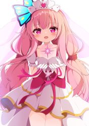 Rule 34 | 1girl, absurdres, bridal gauntlets, bridal veil, bride, cowboy shot, dress, flower knight girl, g4ku, gloves, hanamomo (flower knight girl), heart, heart-shaped pupils, highres, long hair, looking at viewer, open mouth, pink eyes, pink hair, simple background, solo, standing, symbol-shaped pupils, tiara, veil, wedding dress, white background, white dress, white gloves