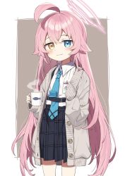 Rule 34 | 1girl, :3, ahoge, aqua necktie, blue archive, blue eyes, blue skirt, blush, cardigan, commentary request, cup, grey cardigan, hair between eyes, halo, heterochromia, highres, holding, holding cup, hoshino (blue archive), id card, long hair, long sleeves, looking at viewer, mug, necktie, open cardigan, open clothes, pink hair, plaid, plaid skirt, pleated skirt, shirt, skirt, sleeves past wrists, solo, steam, very long hair, wagashi928, yellow eyes