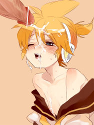 Rule 34 | 1boy, amezawa koma, bad id, bad pixiv id, bare shoulders, blonde hair, blue eyes, blush, censored, cum, cum in mouth, cum on body, cum on hair, cum on male, cum on upper body, ejaculation, facial, headset, kagamine len, male focus, nipples, one eye closed, open mouth, penis, pointless censoring, ponytail, solo focus, teeth, tongue, vocaloid, wink, yaoi