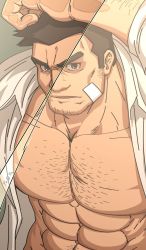 Rule 34 | 1boy, abs, arm up, bandages, bandage on face, bandages, bara, bare pectorals, body hair, brown eyes, brown hair, chest hair, dobito mn, facial hair, ace attorney, hairy, highres, dick gumshoe, large pectorals, looking at viewer, male focus, manly, muscular, navel, navel hair, open clothes, open shirt, pectorals, short hair, sideburns, solo, stubble, upper body
