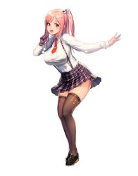 Rule 34 | 1girl, black thighhighs, blush, breast pocket, breasts, buttons, dead or alive, dead or alive 5, destiny child, finger to mouth, full body, gloves, hair ornament, hand up, highres, honoka (doa), index finger raised, kim hyung tae, large breasts, loafers, long sleeves, looking at viewer, necktie, official art, open mouth, parted bangs, pink hair, pleated skirt, pocket, ponytail, red eyes, red necktie, school uniform, shiny clothes, shiny skin, shirt, shoes, shushing, side ponytail, simple background, single glove, skirt, skull hair ornament, smile, solo, standing, suspender skirt, suspenders, thighhighs, white background, white shirt, zettai ryouiki
