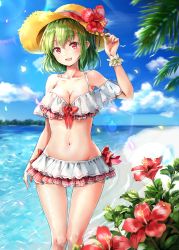 Rule 34 | 1girl, :d, bare shoulders, bikini, blue sky, blush, bow, breasts, cleavage, cloud, collarbone, commentary request, day, feet out of frame, flower, frilled bikini, frills, green hair, groin, hair between eyes, hand on headwear, hand up, hat, hat flower, highres, kazami yuuka, large breasts, lens flare, looking at viewer, nail polish, navel, ocean, off-shoulder bikini, off shoulder, open mouth, outdoors, red bow, red eyes, red flower, red nails, sand, scrunchie, shiny skin, shironeko yuuki, short hair, sky, smile, solo, sparkle, standing, stomach, sun hat, swimsuit, thighs, touhou, water, white bikini, wrist scrunchie, yellow hat