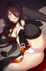 Rule 34 | 1girl, ara haan, black gloves, black hair, black thighhighs, blush, breasts, commentary, devi (elsword), elsword, gloves, holding legs, large breasts, leg up, long hair, nt00, on bed, open mouth, panties, photoshop (medium), revision, smirk, solo, sweat, thick thighs, thighhighs, thighs, underwear, white panties, yellow eyes
