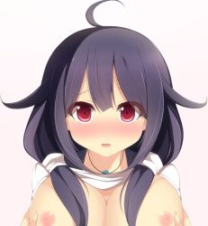 Rule 34 | 10s, 1girl, ahoge, black hair, blush, grabbing another&#039;s breast, breasts, chimunge, clothes lift, grabbing, hair tubes, kantai collection, large breasts, long hair, looking at viewer, low twintails, nipples, nose blush, open mouth, red eyes, shirt lift, solo, taigei (kancolle), twintails