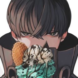 Rule 34 | 1boy, absurdres, black coat, black eyes, black hair, coat, commentary request, covered mouth, eyes visible through hair, fatalbug896, food, hair between eyes, high collar, highres, ice cream, looking at viewer, male focus, original, portrait, short hair, simple background, solo, sparkle, sparkling eyes, sundae, turtleneck, waffle, white background