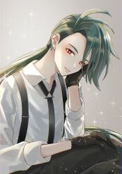 Rule 34 | 1girl, black gloves, black necktie, black pants, bright pupils, collared shirt, commentary request, creatures (company), earrings, game freak, gloves, green hair, grey background, head rest, highres, jewelry, long hair, looking at viewer, necktie, nintendo, pants, parted lips, pokemon, pokemon sv, red eyes, rika (pokemon), shirt, smile, sparkle, ssn (sasa8u9r), stud earrings, suspenders, white pupils