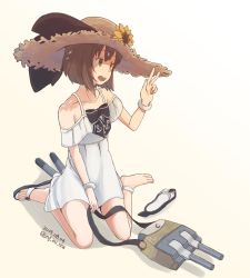 Rule 34 | 1girl, adapted turret, alternate costume, anchor symbol, brown eyes, brown hair, dated, dress, hat, highres, infini, kantai collection, sandals, short hair, simple background, single sandal, sitting, solo, spaghetti strap, straw hat, sun hat, sundress, twitter username, v, wariza, white background, white dress, yukikaze (kancolle)