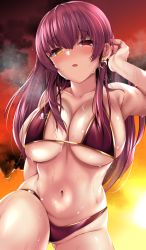 Rule 34 | 1girl, bare shoulders, bikini, blush, breasts, circussion, cleavage, collarbone, earrings, gold trim, gradient sky, heart, heart earrings, heterochromia, highres, hololive, houshou marine, houshou marine (summer), jewelry, large breasts, long hair, looking at viewer, navel, open mouth, orange sky, red bikini, red eyes, sky, solo, swimsuit, thighs, twilight, virtual youtuber, yellow eyes