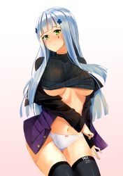 Rule 34 | 1girl, absurdres, black sweater, blunt bangs, blush, bow, bow panties, breasts, clothes lift, clothes writing, facial mark, girls&#039; frontline, gradient background, green eyes, hair ornament, head tilt, highres, hk416 (girls&#039; frontline), invisible chair, jacket, large breasts, long hair, looking at viewer, navel, no bra, nose blush, off shoulder, open clothes, open jacket, panties, ribbed sweater, silver hair, sitting, smile, solo, sweater, sweater lift, thighhighs, turtleneck, turtleneck sweater, ukeuke, underboob, underwear, very long hair, white panties