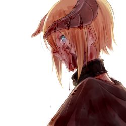 Rule 34 | 10s, 1girl, blonde hair, blood, blood on face, blue eyes, cloak, collar, dark persona, dragon girl, dragon horns, edna (tales), from side, horns, lowres, naked cloak, scales, short hair, slit pupils, solo, tales of (series), tales of zestiria, tusia, alternate universe
