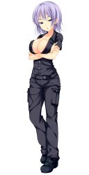 Rule 34 | 1girl, black footwear, black pants, black shirt, blue eyes, breasts, cleavage, crossed arms, full body, large breasts, liliana theresa smirnov, looking at viewer, official art, pants, patriarch xtasy, pocket, purple hair, shirt, shoes, short hair, short sleeves, solo, standing, transparent background