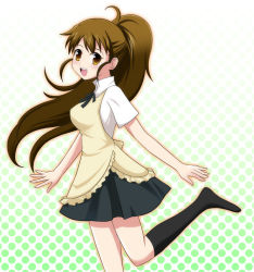 Rule 34 | 1girl, :d, apron, brown eyes, brown hair, halftone, halftone background, long hair, open mouth, ponytail, satousu, smile, solo, standing, standing on one leg, taneshima popura, working!!