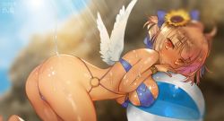 Rule 34 | 1girl, angel wings, ass, ball, beachball, blonde hair, blurry, blush, bracelet, breasts, dated, covered erect nipples, flower, from side, hair flower, hair ornament, jewelry, jpeg artifacts, large breasts, looking at viewer, lotion, orange eyes, sengoku bushouki muramasa, short hair, solo, wings, zhuzi