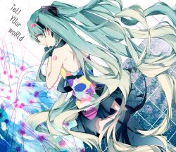 Rule 34 | 1girl, copyright name, from behind, green hair, hatsune miku, headphones, long hair, manako (manatera), pink eyes, skirt, solo, tell your world (vocaloid), thighhighs, twintails, very long hair, vocaloid