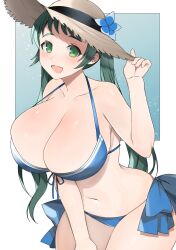 Rule 34 | 1girl, alternate breast size, alternate hairstyle, bikini, blue bikini, blush, breasts, brown hat, cleavage, commission, flower, green eyes, green hair, hand on headwear, hat, hat flower, highres, huge breasts, irako (kancolle), kantai collection, long hair, looking at viewer, open mouth, simple background, skeb commission, solo, swimsuit, toriniku senshi chikinman, twintails
