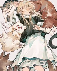 Rule 34 | 1girl, aged down, animal, arm up, black vest, blonde hair, blush, cat, child, closed eyes, closed mouth, dog, dress, dungeon meshi, facing viewer, falin touden, feet out of frame, fur-trimmed sleeves, fur-trimmed vest, fur trim, hand on own stomach, happy, highres, kasumi007, layered sleeves, licking, long hair, long sleeves, looking at viewer, multiple dogs, patchwork clothes, short hair, short over long sleeves, short sleeves, simple background, sleeping, smile, tongue, tongue out, twitter username, vest, white dress