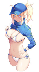 Rule 34 | 1girl, ahoge, artoria pendragon (fate), baseball cap, bikini, bikini pull, blonde hair, blue eyes, blue hat, blush, breasts, breath, clothes pull, commentary request, cowboy shot, cropped legs, fate/grand order, fate (series), groin, hair between eyes, hat, highres, large breasts, long sleeves, looking at viewer, mysterious heroine x (fate), mysterious heroine xx (fate), nakatama kyou, navel, ponytail, pulling own clothes, short hair, short ponytail, shrug (clothing), side-tie bikini bottom, sidelocks, simple background, skindentation, smile, solo, standing, stomach, sweat, swimsuit, thighs, white background, white bikini, wristband