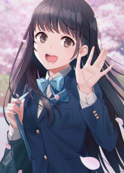 Rule 34 | 1girl, :d, bag, black hair, blazer, blue bow, blue bowtie, blue jacket, blurry, blurry background, bow, bowtie, brown eyes, cherry blossoms, collared shirt, flower, highres, holding, holding bag, hyuuga azuri, jacket, long hair, long sleeves, looking at viewer, open mouth, original, petals, school bag, school uniform, shirt, smile, solo, tree, waving, white shirt